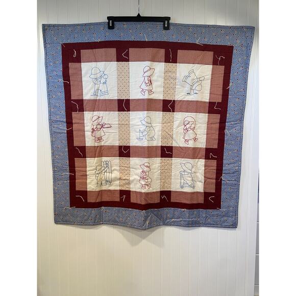Vintage Redwork Crib Quilt – Sunbonnet Sue/Overall Sam Hand-Embroidered, Cottage - Picture 1 of 5